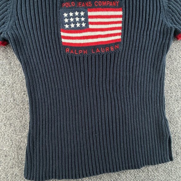 Ralph Lauren Polo Jeans Women Flag Sweater Large Short Sleeve Ribbed Red Blue - Picture 5 of 14